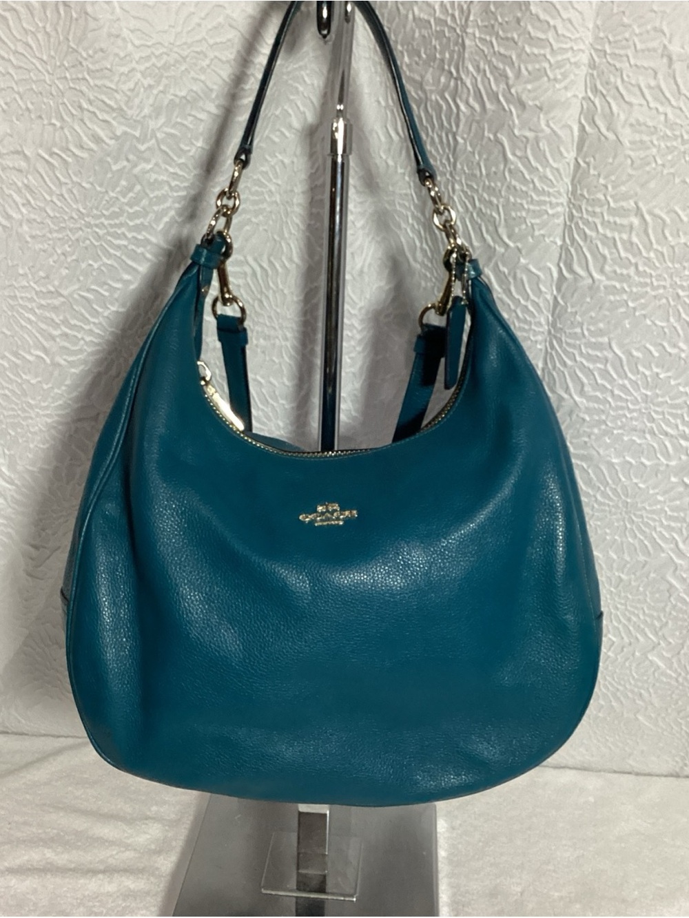 COACH Teal Pebbled Leather Harley East West Hobo Bag with Charm & Long Strap EUC - Picture 15 of 15